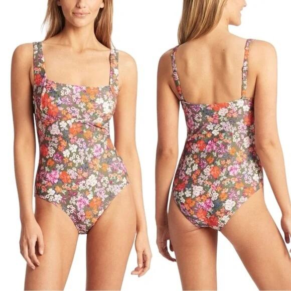 NWT Sea Level Swim Parkland Khaki Floral Square Neck One Piece Swimsuit US 4 - Picture 1 of 15